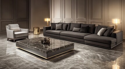 A modern, upscale living room with a charcoal-colored sectional sofa, an armchair in light gray, and contemporary neutral-toned wall panels