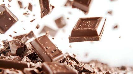 Milk chocolate pieces falling on white