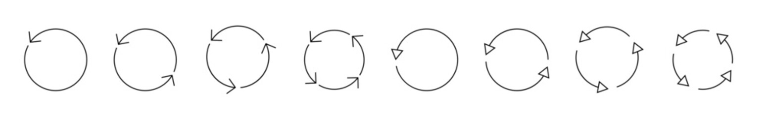 Set of circle arrows isolated. Circular Rotate arrow and spinning loading symbol. Different circular arrows of black color, different thickness and size. Vector