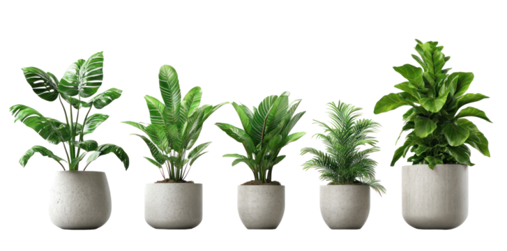 A collection of five lush indoor plants in various pot sizes arranged on a white background