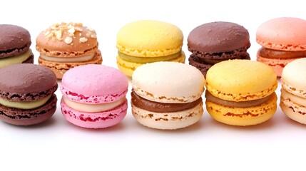 Fototapeta premium Different tasty sweet macaroons on white