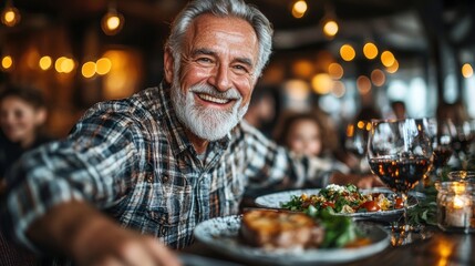 Obraz premium Smiling senior man enjoying a meal