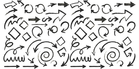 Fototapeta premium Arrow line hand drawn brush a versatile collection of vector elements showcasing hand-drawn arrow lines and brush designs. The set features grunge-inspired squares, spirals, and arrow motifs.