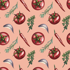 Seamless pattern of tomatoes and spices. A hand-drawn watercolor illustration. Color image of vegetables. On a light red background. Great for textiles, kitchen decor, menus, recipe books, packaging.