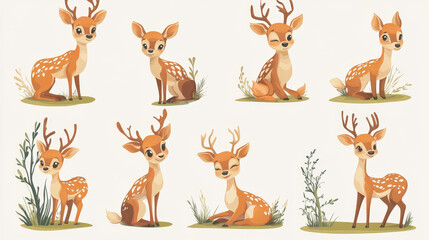 Deer cute animal cartoon set flat style vector illustration. Reindeer rest and activity life collection in forest and lawn isolated on white background. Deer emotions, feelings and care.