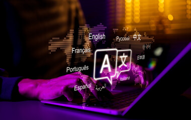 Multilingual Language Translation, Communication Concept. Man using laptop with icons various languages, global language translate, multilingual technology, international connections, AI translator,