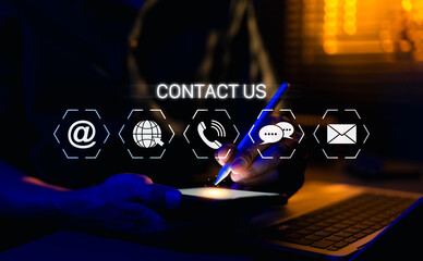 Contact Us and Customer Support Service Concept. Call Center, Care Support Hotline, Man using...