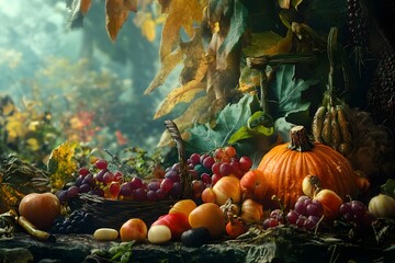 Basket of fruit and vegetables including apples, grapes, and pumpkins. The basket is on a rock and the scene is set in a forest