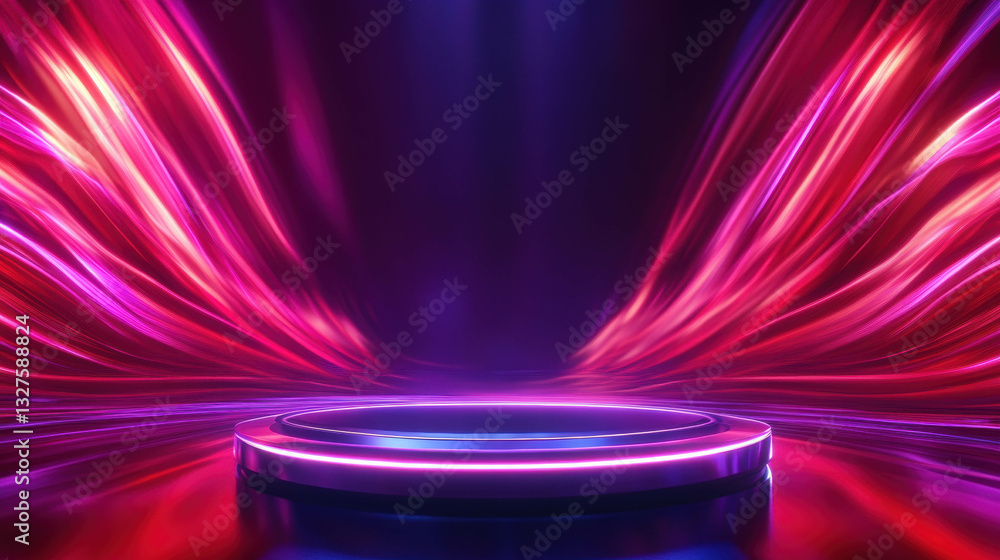 Poster futuristic neon podium with abstract lights for event design and presentation