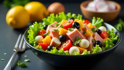 A vibrant, close-up shot showcases a tuna salad in a dark bowl, set against a dark background