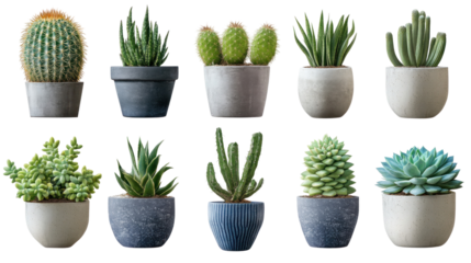 A vibrant display of various potted succulents and cacti arranged in a modern setting