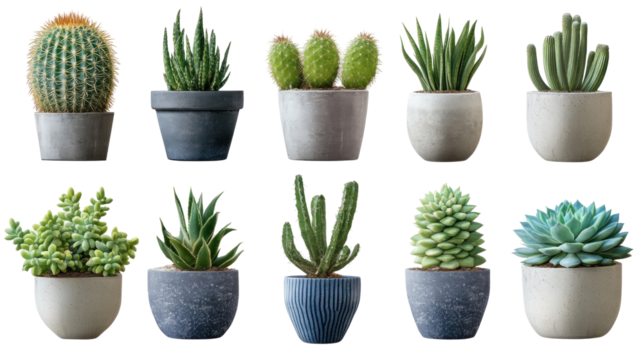 A vibrant display of various potted succulents and cacti arranged in a modern setting