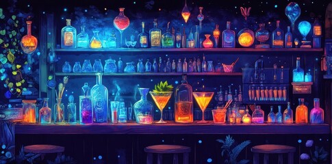 A fantastical illustration of a magical apothecary bar setting