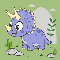 A cheerful illustration of a cute dinosaur (Triceratops) in a bright natural setting. Perfect for children's books, educational materials, prints, and designs. Vector illustration EPS10.