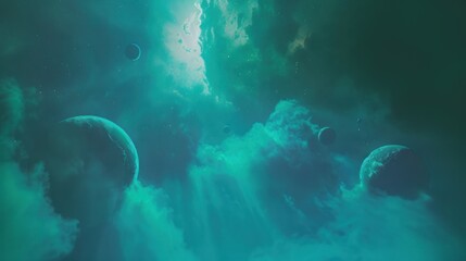 Fototapeta premium Celestial Bodies in a Nebula Cloudscape Planets and Cosmic Dust in Teal Hues