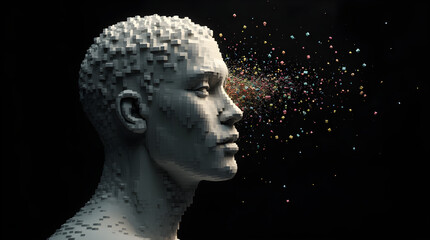 Pixelated Statue Head Profile Disintegrating Colorful Particles Digital Art