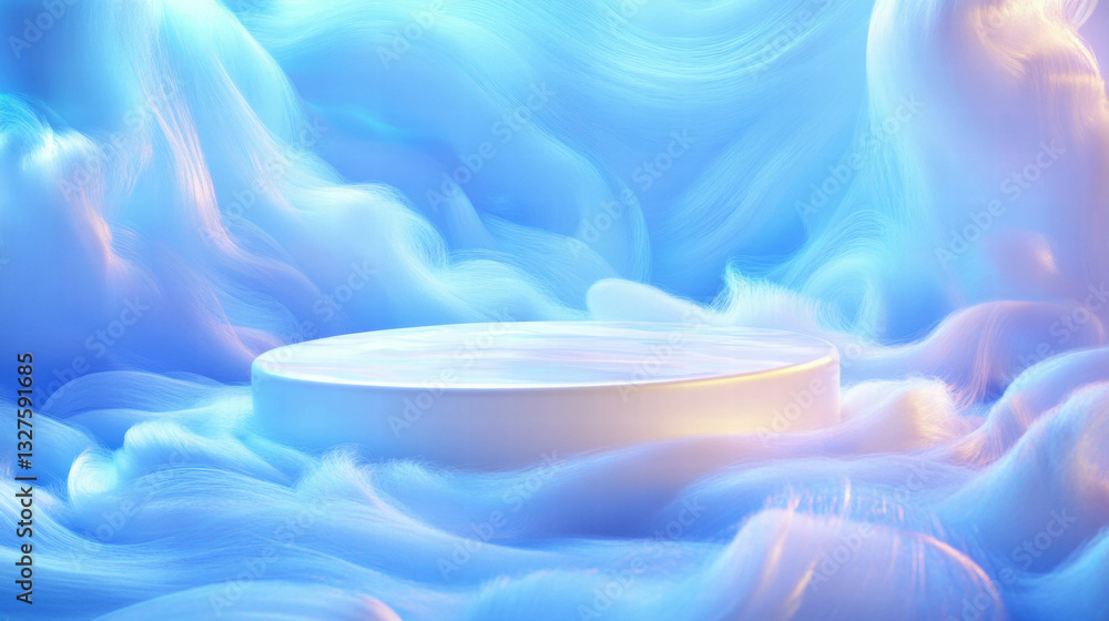 Poster ethereal podium in abstract blue cloudscape background for display and design