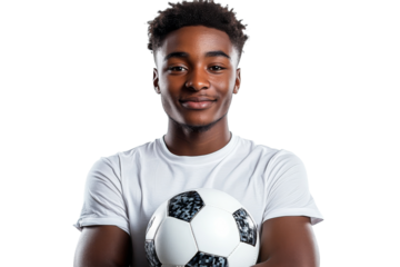 Young athlete with soccer ball on clear background