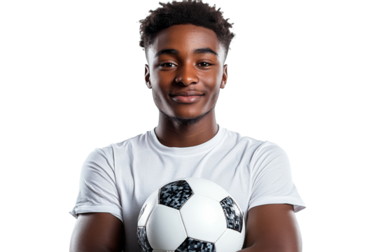 Young athlete with soccer ball on clear background - Powered by Adobe