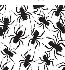 Illustration of halloween themed seemless tiled pattern wallpaper background of black spiders on white