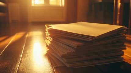 Stacked Blank Papers on Wooden Floor with Soft Sunlight Glow