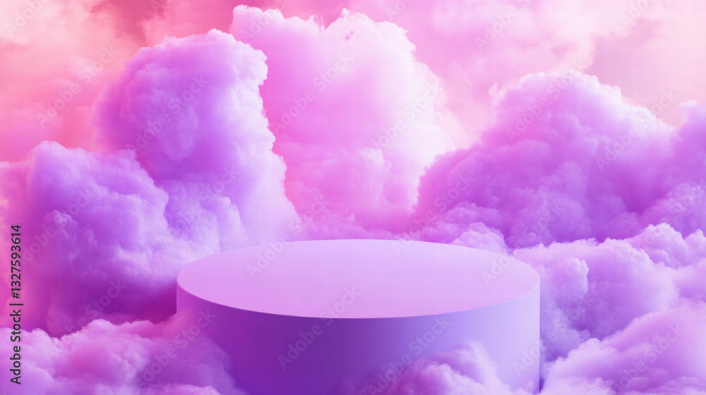 Poster dreamy abstract background with podium surrounded by pastel clouds for artistic display