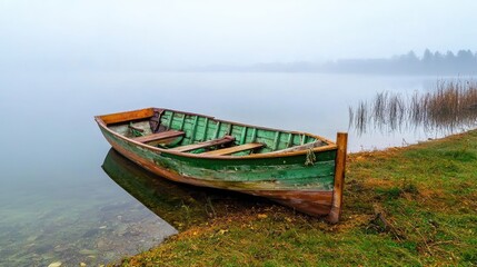An abandoned rustic fishing boat resting on the grassy shoreline of a misty lake.