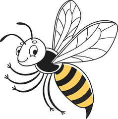 Happy cartoon bee flying near a flower with honey in a cute and colorful illustration