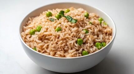 Brown rice and peas served in a white bowl with a top down perspective highlighting the ingredients and texture