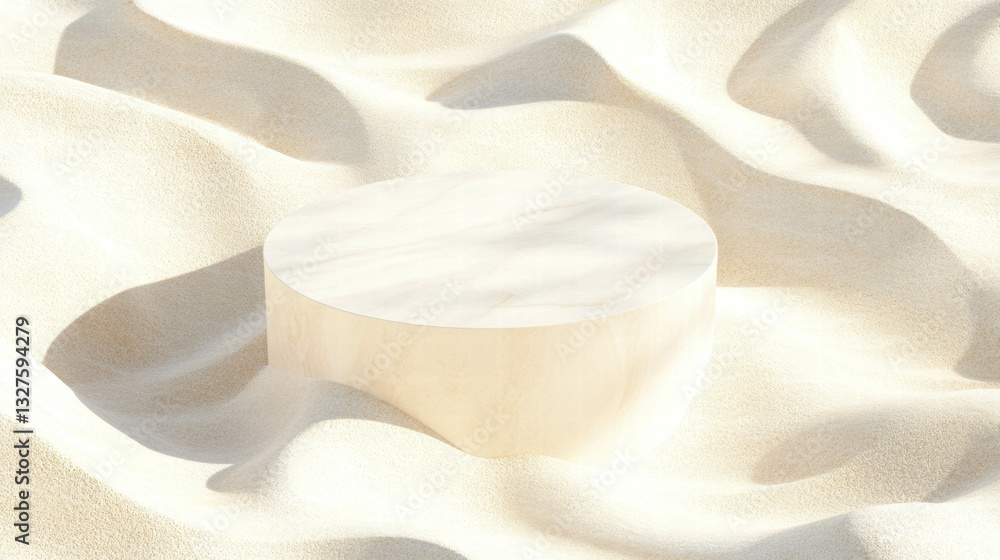 Poster minimalist desert scene with podium for product display and presentation design