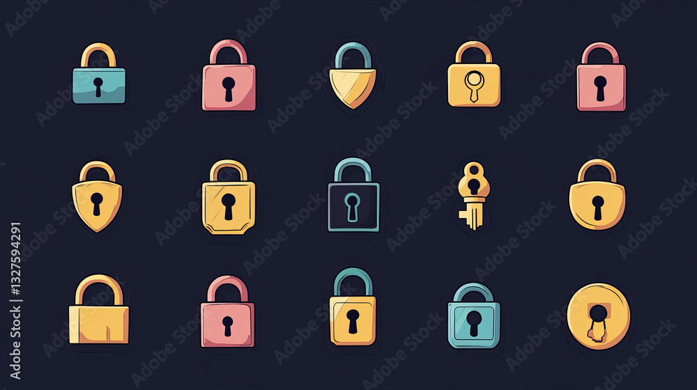 Poster different house door lock icons set vector safety password privacy element with key and padlock, pro