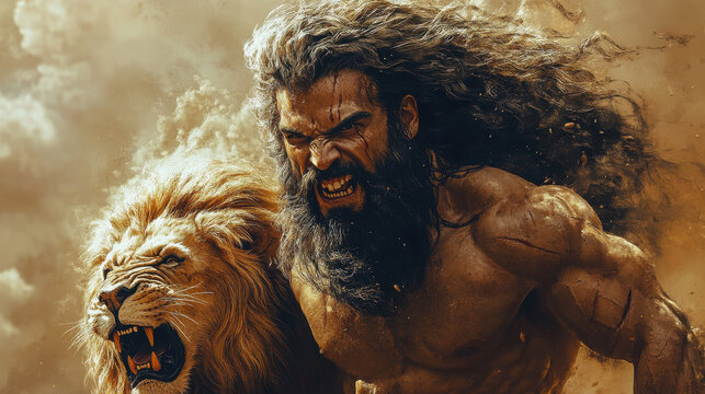 Biblical Illustration: Samson's Strength, Tearing Apart Lion with Bare Hands, Long Hair, Powerful Physique, Beige Background, Copyspace.