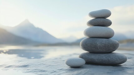 A stack of smooth grey stones balanced in perfect harmony against a blurred natural background. Ideal for concepts of zen, balance, mindfulness, and tranquility.