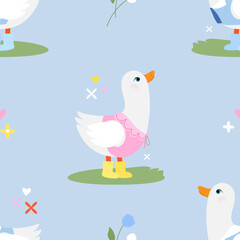 Cute goslings in boots on a blue background. Happy Easter seamless pattern.