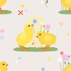 Cute chicks with flowers on a beige background. Happy Easter seamless pattern.