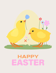 Cute chicks with flowers on a beige background. Happy Easter card.