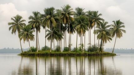Island with palm trees reflecting on the lake water