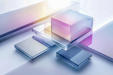 Minimalist 3D glass morphism geometric composition featuring translucent cubes and panels in blue and pink gradients on a white reflective surface.