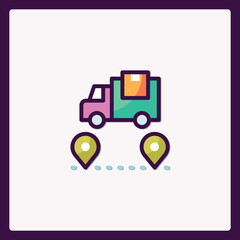 Route delivery truck icon demonstrating shipment journey with pin location