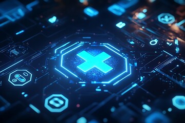 A blue hexagon with an X in the center, on top of which is a glowing tech icon, surrounded by other tech icons, against a futuristic background