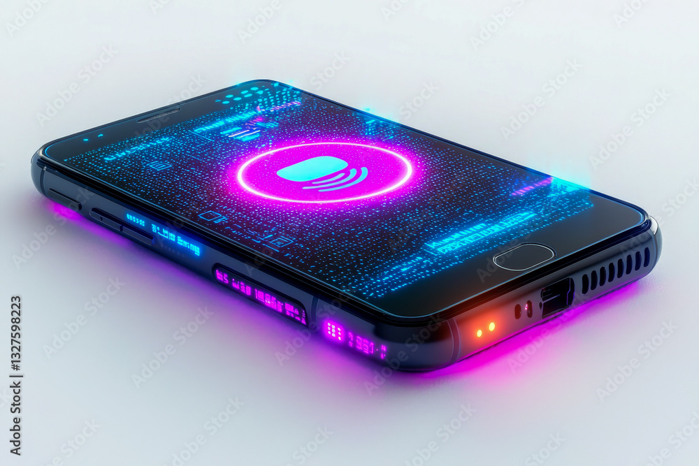 Poster futuristic 3d render of a smartphone with a glowing ai assistant, symbolizing advanced technology, a