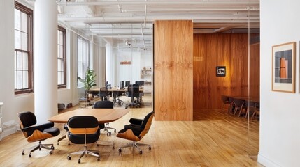 Modern office interior features wooden paneling and ergonomic seating