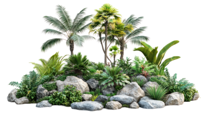 Lush tropical vegetation with diverse plants and rocks in a serene natural setting