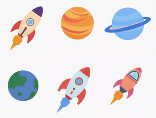Colorful rockets and planets illustrated in a minimalistic art style