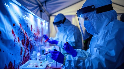 Two scientists in protective gear work meticulously in a laboratory setting, engaged in blood sample analysis.