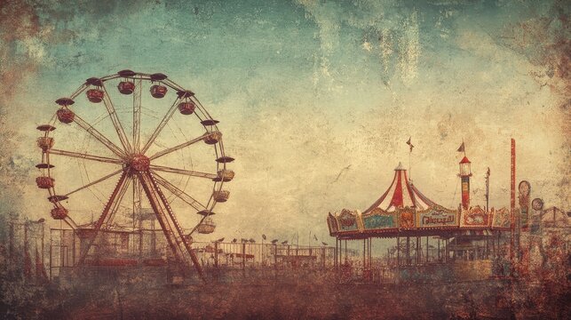 An old abandoned carnival scene featuring a ferris wheel and carousel