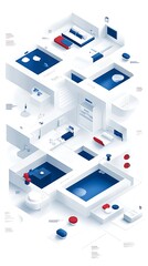 Isometric home interior design, open plan layout, blue and white