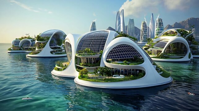 Ai driven floating solar cities absorbing energy the sun and ocean ultra HD futuristic green architecture