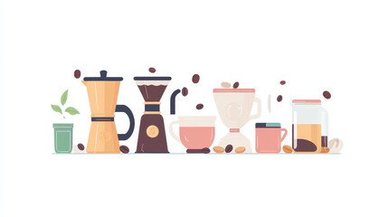 Coffee beans and equipment set of banners vector illustration. It s coffee time. Organic coffee. Always fresh and natural. Barista equipment such as espresso,coffee beans coffee pot.