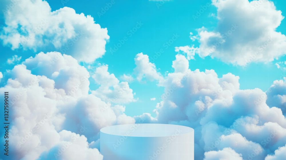 Poster dreamy sky scene with cylinder platform amidst clouds for design and display concepts